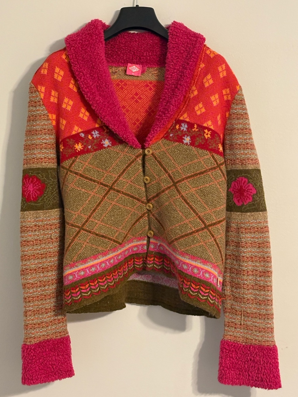 Oilily Women’s Multicolor Knit Cardigan with Pink Shawl Collar - Size XL